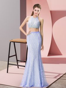 Popular Halter Top Sleeveless Prom Party Dress Floor Length Beading and Lace Baby Blue
