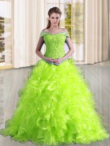 Lace Up Quinceanera Gowns Yellow Green for Military Ball and Sweet 16 and Quinceanera with Beading and Lace and Ruffles 