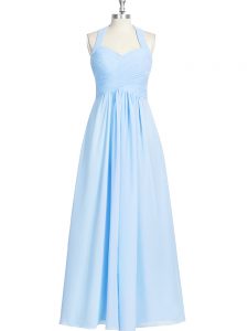 Blue Chiffon Zipper Homecoming Dress Sleeveless Floor Length Ruching