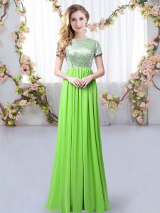 Short Sleeves Chiffon Floor Length Zipper Court Dresses for Sweet 16 in with Sequins