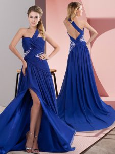 Beading and Ruching Prom Gown Royal Blue Backless Sleeveless Sweep Train