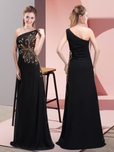 Column/Sheath Homecoming Dress Black One Shoulder Chiffon Sleeveless Floor Length Side Zipper