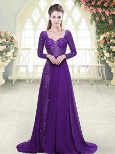 Elegant Eggplant Purple Long Sleeves Sweep Train Beading and Lace Dress for Prom