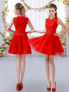 Red High-neck Zipper Lace Wedding Guest Dresses Sleeveless