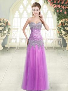 Sleeveless Tulle Floor Length Zipper Prom Dresses in Lilac with Beading