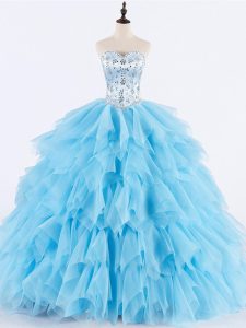 Baby Blue Lace Up Sweet 16 Dresses Beading and Ruffles Sleeveless Floor Length