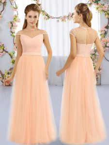 Great Peach Wedding Guest Dresses Prom and Party and Wedding Party with Beading High-neck Cap Sleeves Zipper