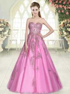 Floor Length A-line Sleeveless Rose Pink Prom Dress Lace Up