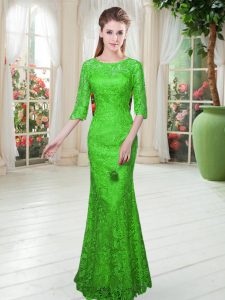 Extravagant Green Zipper Prom Dresses Lace Half Sleeves Floor Length
