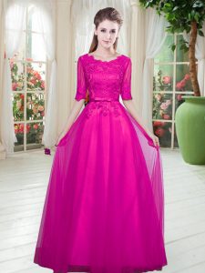 Fine Scoop Half Sleeves Dress for Prom Floor Length Lace Fuchsia Tulle