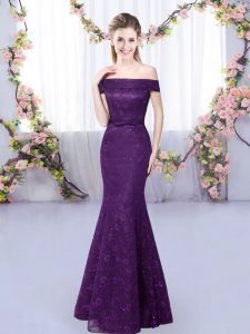 Off The Shoulder Sleeveless Bridesmaid Dresses Floor Length Lace Purple