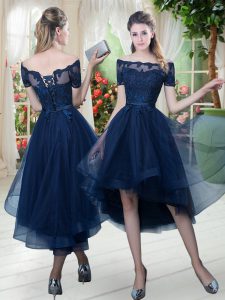 Admirable Navy Blue Short Sleeves Lace High Low Homecoming Dress