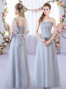 Free and Easy Grey Empire Lace Bridesmaid Dresses Lace Up Tulle Sleeveless Floor Length