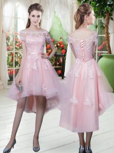 Clearance Baby Pink Half Sleeves High Low Lace and Appliques Lace Up Prom Gown
