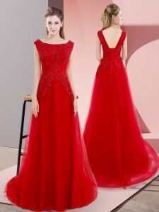 Red Evening Wear Bateau Sleeveless Sweep Train Lace Up