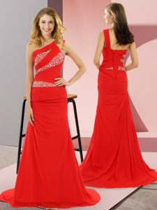 Fancy Red One Shoulder Neckline Beading Prom Dress Sleeveless Lace Up