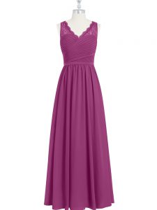 Fuchsia V-neck Backless Lace and Ruching Prom Gown Sleeveless