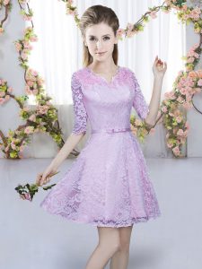 Glorious Mini Length Lavender Dama Dress Lace Half Sleeves Belt