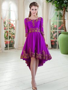 Suitable Purple Scoop Embroidery Prom Evening Gown Satin Long Sleeves