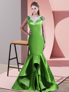 Best Green Satin Side Zipper Prom Evening Gown Sleeveless Sweep Train Beading and Lace and Appliques