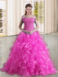 Charming Fuchsia Lace Up Quinceanera Dress Beading and Lace and Ruffles Sleeveless Sweep Train