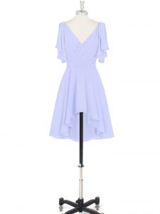 Elegant V-neck Short Sleeves Backless Prom Evening Gown Baby Blue Chiffon