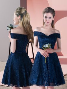 Discount Navy Blue Off The Shoulder Neckline Lace Formal Evening Gowns Sleeveless Lace Up