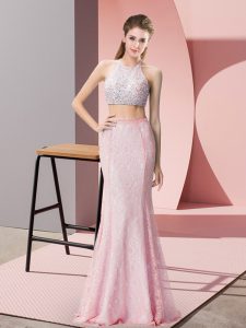 Floor Length Backless Prom Dresses Pink for Prom and Party and Wedding Party with Beading