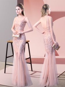 Pink Sleeveless Sequins Floor Length Prom Gown