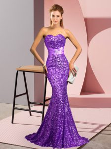 Deluxe Purple Sequined Backless Sweetheart Sleeveless Prom Party Dress Sweep Train Beading