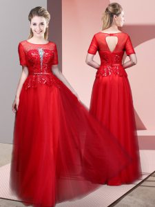 Floor Length Red Prom Evening Gown Tulle Short Sleeves Beading and Lace