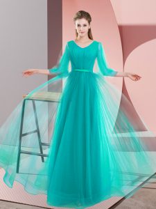 Romantic Turquoise Tulle Lace Up V-neck Long Sleeves Floor Length Prom Evening Gown Beading