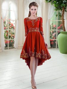 Red Long Sleeves Embroidery High Low Evening Dress