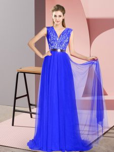 Cheap Royal Blue Tulle Zipper V-neck Sleeveless Prom Party Dress Sweep Train Beading and Lace