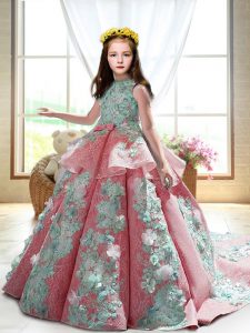 High-neck Sleeveless Court Train Backless Child Pageant Dress Watermelon Red Satin