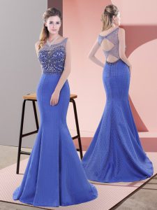 Blue Prom and Party with Beading and Lace Scoop Sleeveless Sweep Train Lace Up