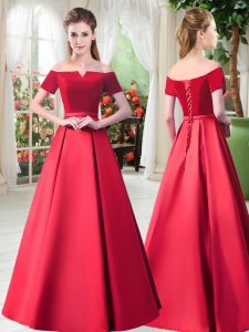 Cute Floor Length Red Prom Gown Satin Short Sleeves Belt