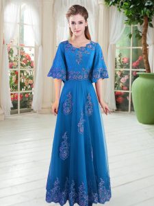 Customized Floor Length Blue Homecoming Dress Tulle Half Sleeves Lace