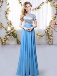 Blue Empire Chiffon Scoop Short Sleeves Sequins Floor Length Zipper Bridesmaid Dress