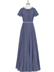 Empire Prom Gown Blue Scoop Chiffon Short Sleeves Floor Length Zipper