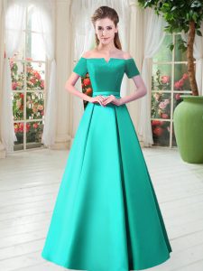 Delicate Floor Length Turquoise Prom Evening Gown Satin Short Sleeves Belt