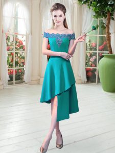 Teal A-line Satin Off The Shoulder Sleeveless Appliques Asymmetrical Zipper Dress for Prom