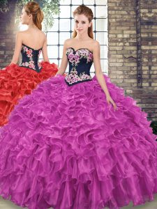 Fuchsia Quinceanera Gowns Organza Sweep Train Sleeveless Embroidery and Ruffles