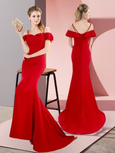 Red Lace Up Prom Party Dress Beading Sleeveless Sweep Train