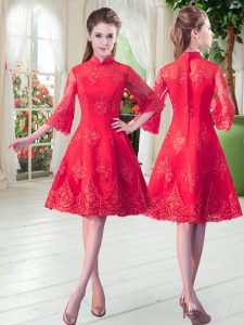 3 4 Length Sleeve Knee Length Lace Zipper Prom Dresses with Red