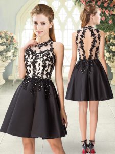 Top Selling Black A-line Satin High-neck Sleeveless Beading and Appliques Mini Length Backless Evening Dress