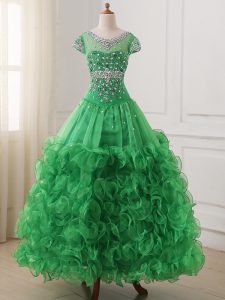 Green Lace Up V-neck Beading and Ruffles Pageant Gowns For Girls Organza Cap Sleeves