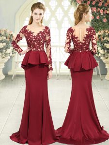 Red Zipper Prom Gown Lace and Appliques Long Sleeves Sweep Train
