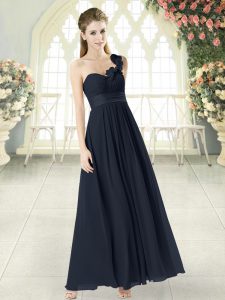 Chiffon One Shoulder Sleeveless Zipper Hand Made Flower Prom Gown in Black