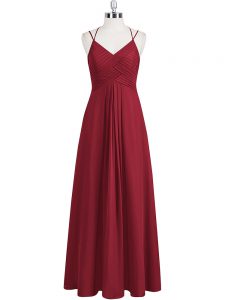 Wine Red Zipper Evening Dress Ruching Sleeveless Floor Length